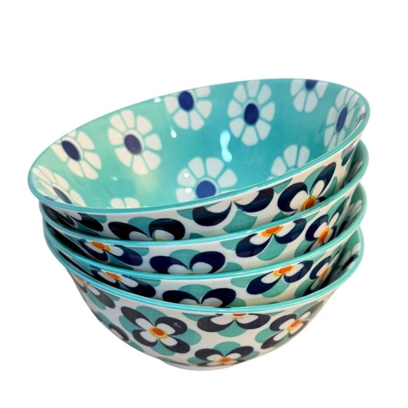 Retro Style Kitchen Bowls Set of 4 Flower Power All Purpose Blue Aqua Soup Salad - Picture 3 of 16